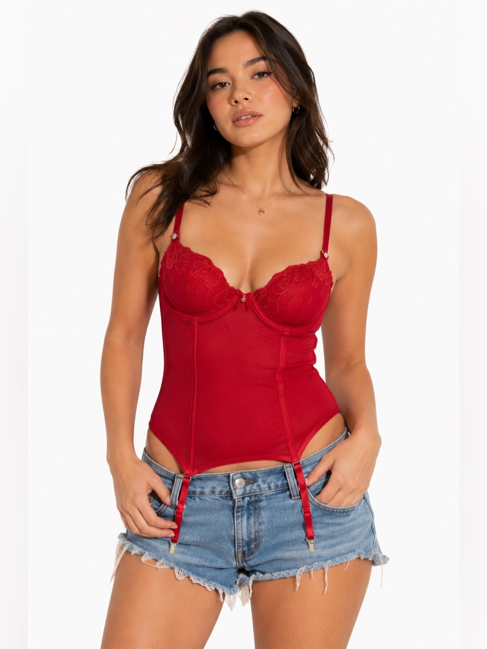 90s/Y2K European Vintage Lace Embroidery/Mesh Boned Corset Top Red Size 32A/XS-S